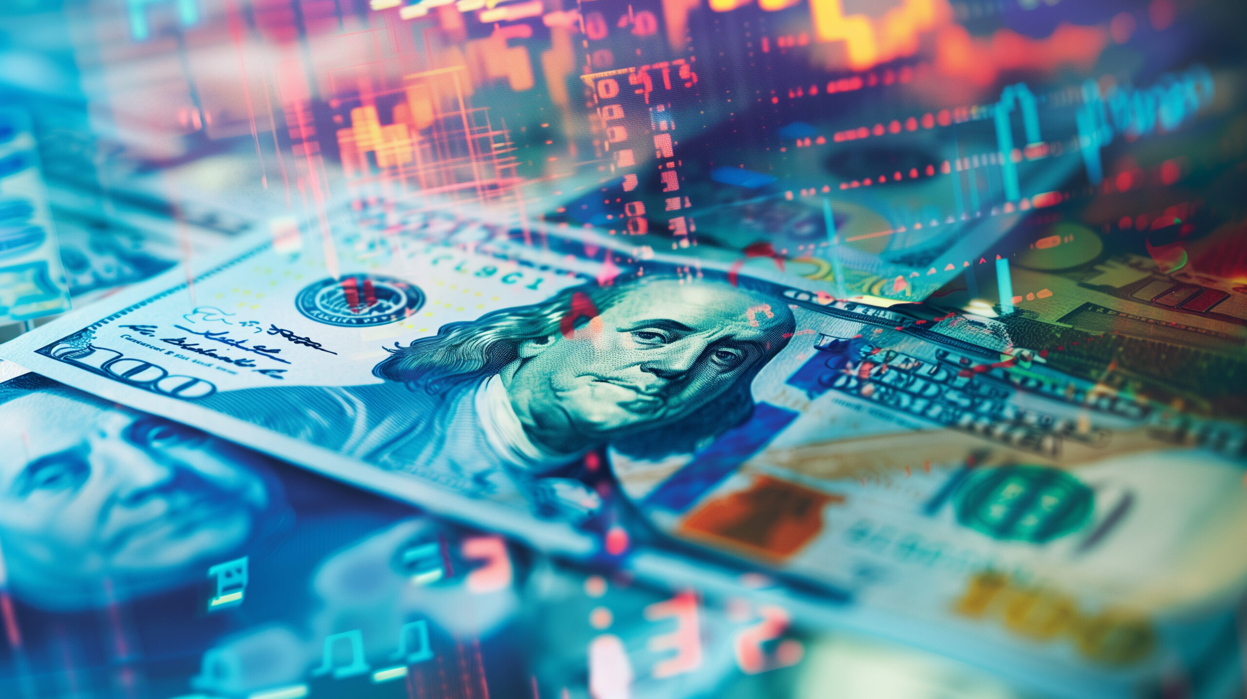 US dollar bills with a vibrant overlay of digital stock market data representing financial technology and economic trends